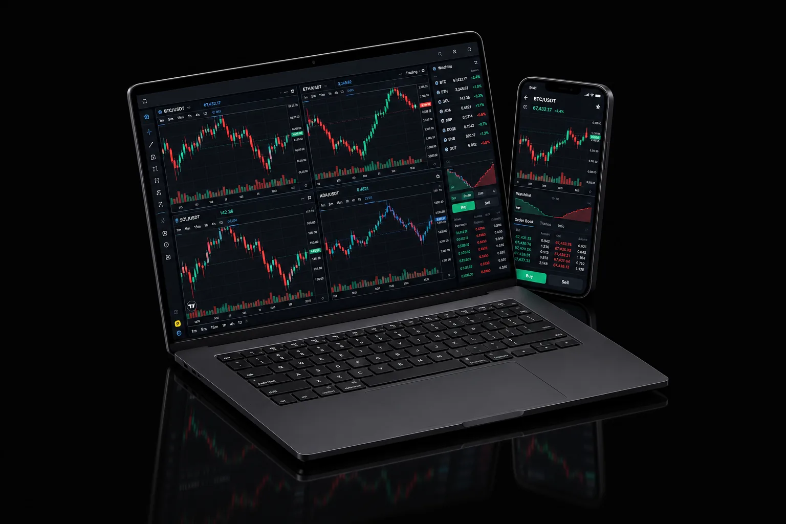 TradeLocker multi-chart workspace on laptop and mobile